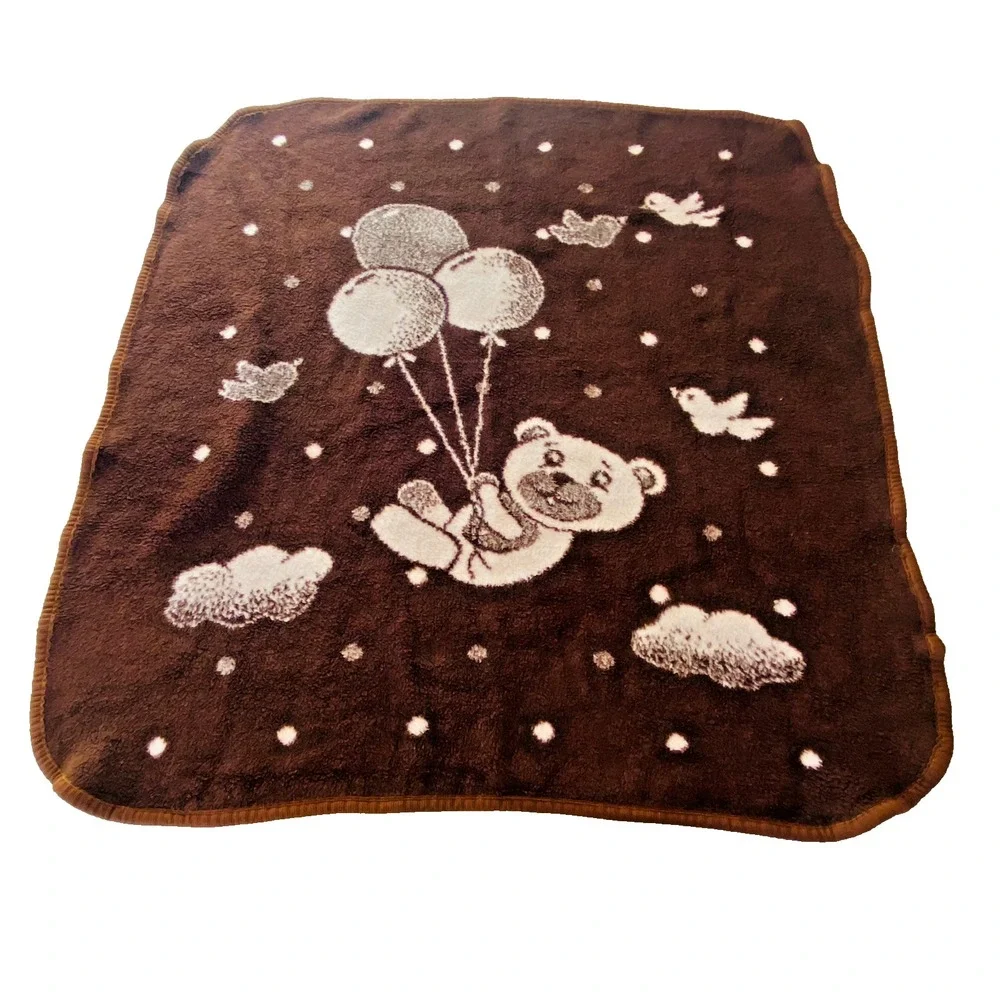 Vintage San Marcos Baby Throw Blanket Brown Teddy Bear Balloons Birds Reversible